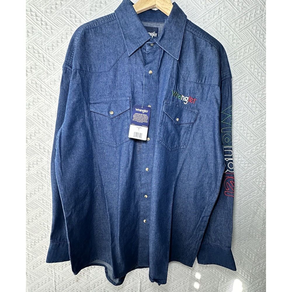 Wrangler Men's Mexico Flag Embroidered Logo Long Sleeve‎ Western Snap Shirt Sz L